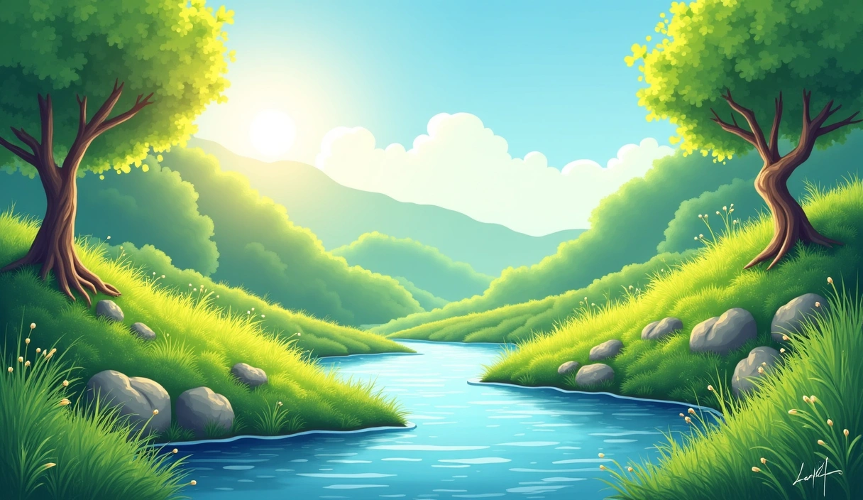 A serene natural landscape with lush green plants and clear water, symbolizing purity and natural ingredients.