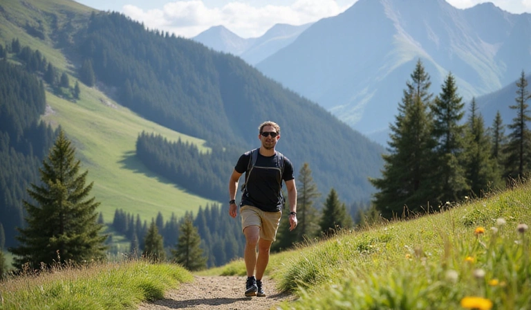 A man hiking in a natural setting, looking strong and enduring.