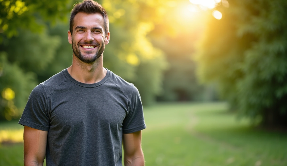 A refreshed and energetic man in a natural setting, smiling confidently.