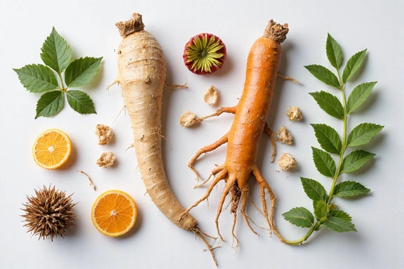 A collection of adaptogenic plants like Ashwagandha, Rhodiola, and Ginseng, highlighting their natural properties for stress and stamina.