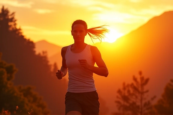 A vibrant image of a person exercising outdoors with a sunrise in the background, conveying natural energy and vitality.
