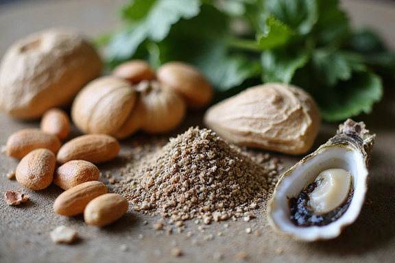 Assortment of essential minerals and healthy foods like nuts, seeds, and leafy greens, depicting their importance for male vitality.