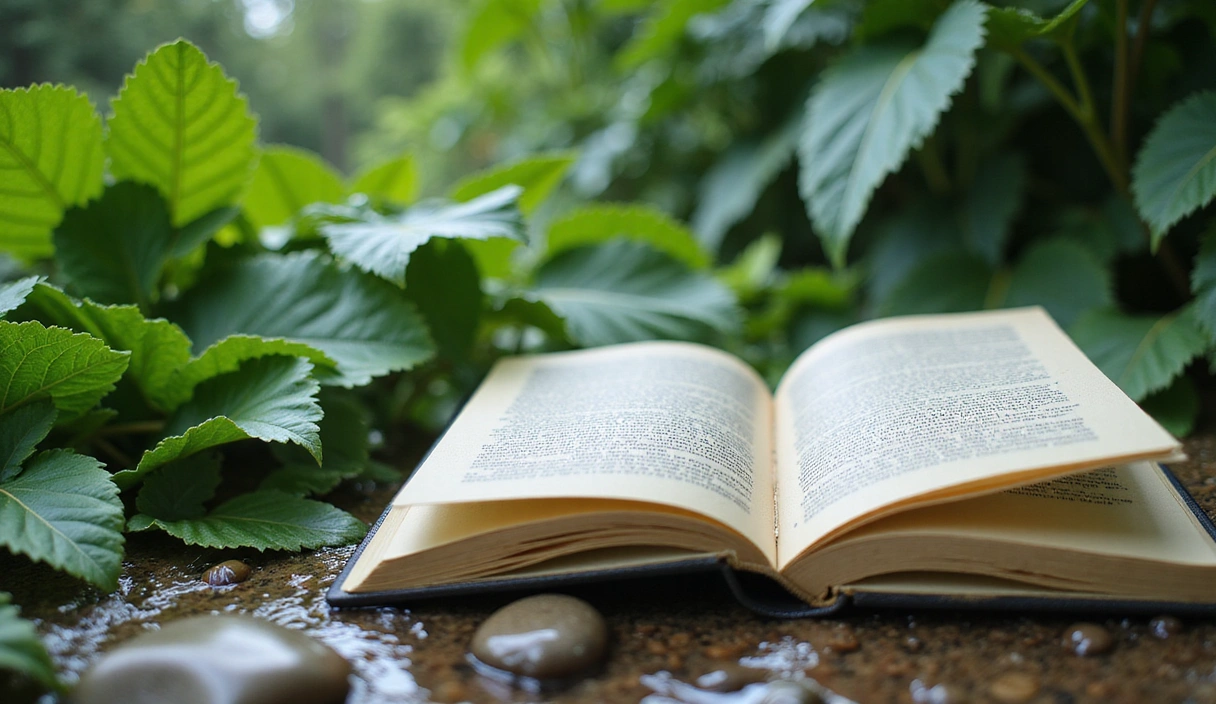 Open book or laptop with natural elements like leaves and water, symbolizing learning and nature in wellness.