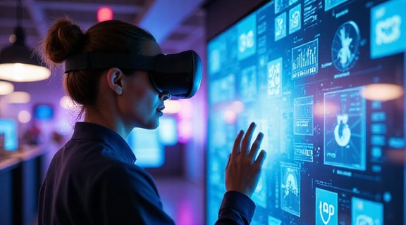 A vibrant image showing a person interacting with a virtual reality interface, symbolizing immersive technology.