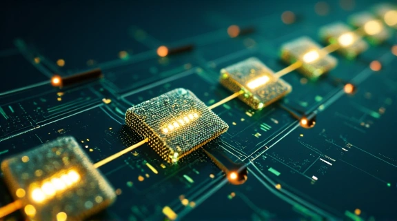 A stylized representation of blockchain technology with interconnected blocks and secure data flow, illustrating digital security.