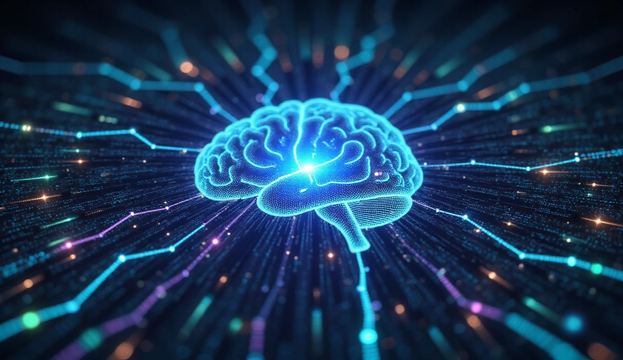 A stylized, futuristic image representing artificial intelligence with glowing neural networks and abstract data visualizations.