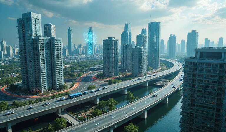A depiction of a smart city with autonomous vehicles, interconnected smart devices, and data visualizations, symbolizing AI's role in modern infrastructure.