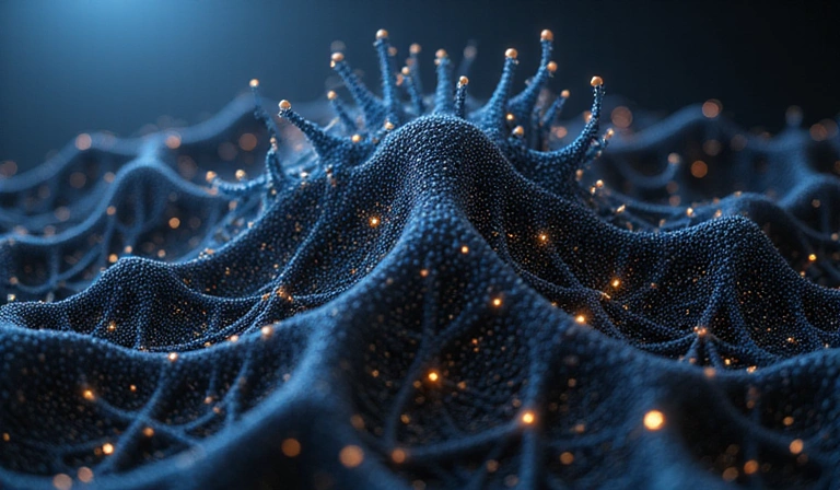 A complex visualization of interconnected neural networks, with glowing nodes and pathways, representing deep learning processes.