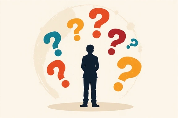 Illustration of question marks floating around a person thinking, symbolizing problem-solving and inquiry.