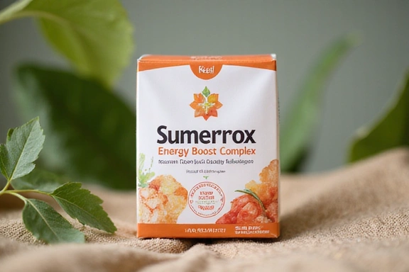 Product packaging of Sumenrox Energy Boost Complex supplement on a natural background.