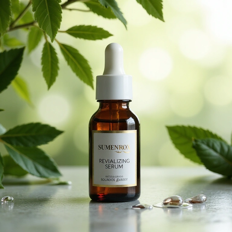 Sumenrox Revitalizing Serum packaging with natural botanical elements